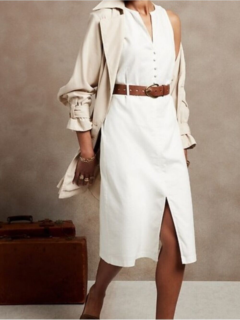 Banana Republic Off White Sleeveless Button-Front Linen Blend Dress with Belt - Picture 13 of 13